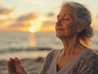 Woman meditating on beach at sunset, wearing grey sweater, eyes closed in relaxation, hands folded in prayer position.