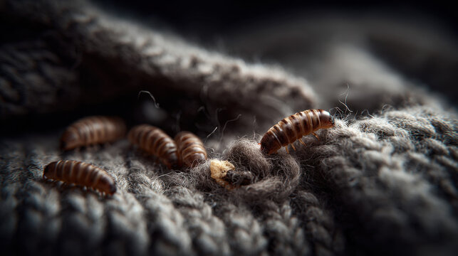 Carpet beetle larvae feeding on wool fibers in fabric damage macro scene showing household pest infestation and textile destruction