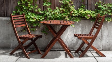 Outdoor wooden table and chairs setting against a backdrop of greenery-covered fence and concrete wall, perfect for a tranquil garden or patio ambiance.
