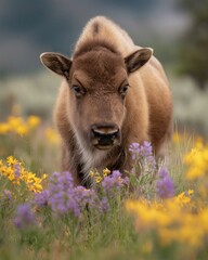Fototapeta premium A young bison calf stands in a field of wildflowers in the springtime.