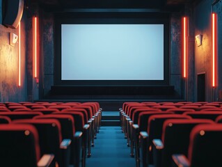 Obraz premium Dark room with rows of empty seats and illuminated screen