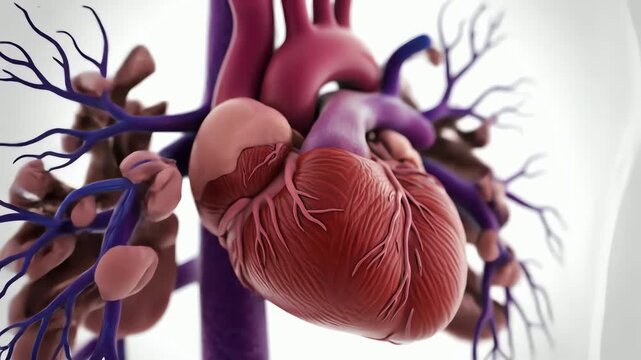 Medically accurate 3D animation of a beating human heart, zooming out to reveal the lungs and circulatory system.