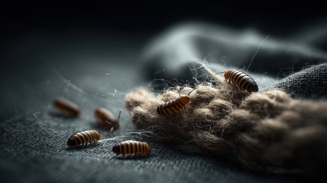 Macro view of dermestid beetle larvae feeding on wool fabric, showing textile damage and household pest infestation concept