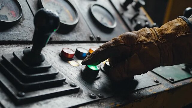 Close-up of a hand operating an industrial control panel with levers and glowing buttons, showcasing intricate machinery in action.