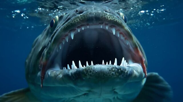 An intimidating underwater view of a predatory fish with its mouth wide open revealing sharp teeth
