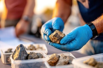 Examining rocks during a geology field study