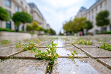 Green plants growing on wet cobblestones in city