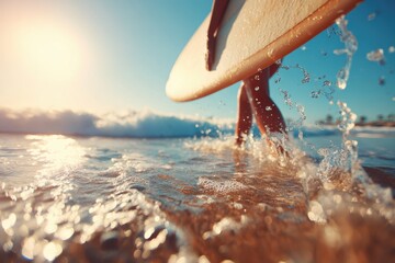 Surfer walking in shallow water at sunset