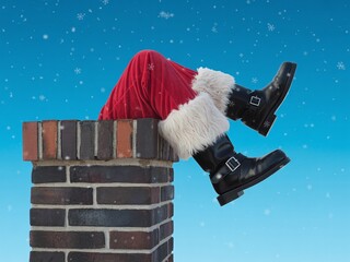 Funny Santa Claus Stuck Upside Down in a Snowy Brick Chimney with Red Suit and Black Boots for Christmas Holiday Humorous Marketing Ads