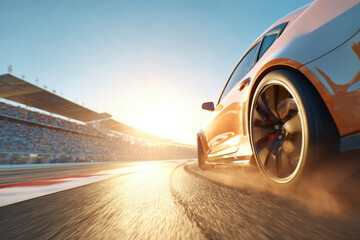 Dynamic racing car on track at sunset