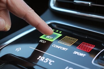Modern Car Interior Dashboard with Finger Selecting Eco Driving Mode on Digital Touchscreen Interface for Automotive Technology Marketing