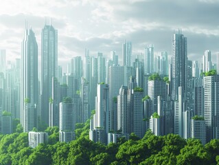 A futuristic city skyline featuring tall buildings and a blend of urban architecture and nature integration.