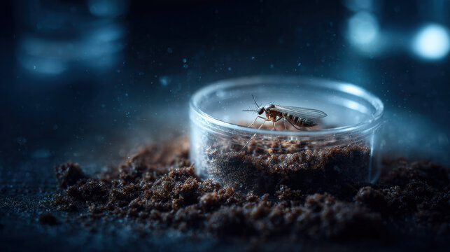 Fungus gnat resting on moist soil inside a clear petri dish under laboratory lighting, macro view highlighting pest identification and scientific observation