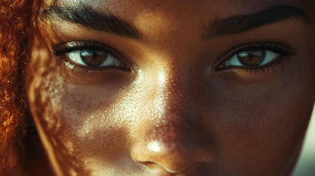 A woman looking slightly downwards with long red hair and glowing skin in a warm light setting. Close-up of the side of her face from the forehead to just above the lips.