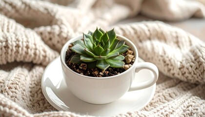 Succulent in a white teacup on a knitted blanket