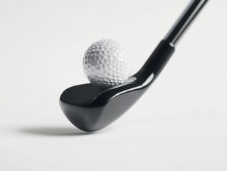 The golf club is black with a silver head and a logo on the grip. The ball has dimples.