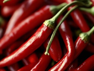 A close-up of red chili peppers with visible seeds, fresh and vibrant in color.