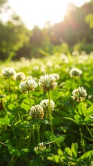 White clover field in sunlight
