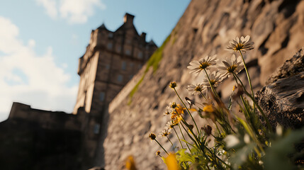 Daisies bloom by an old stone wall, hinting at the resilience of nature against historical structures. The soft flowers contrast against the aged stone.