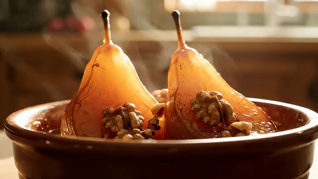 An appetizing close up of steaming hot poached pears with walnuts in a rich syrup served in a rustic ceramic bowl.