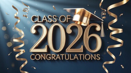 Elegant Class of 2026 Graduation Congratulations Graphic with Bold 3D Golden Numbers Academic Cap and Tassels for Education Marketing Ads