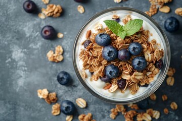 A healthy, appetizing bowl of cereal topped with crunchy granola and fresh blueberries on a wooden surface.