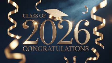 Elegant Class of 2026 Graduation Congratulations Graphic with Bold 3D Golden Numbers Academic Cap and Tassels for Education Marketing Ads