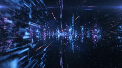 Abstract digital network matrix tunnel with glowing blue and purple lights motion background - Powered by Adobe
