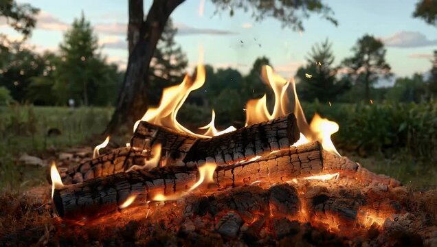 realistic 4K footage at normal speed showing flames rising from glowing charcoal just before summer barbecue begins setting mood for outdoor cooking and