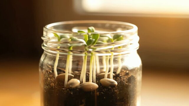Macro time-lapse video shows plant seeds sprouting and growing in a small glass jar against a warm background