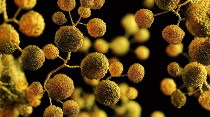 Detailed microscopic image of golden cellular structures connected by thin strands against a black background, highlighting interconnectedness at a micro level.