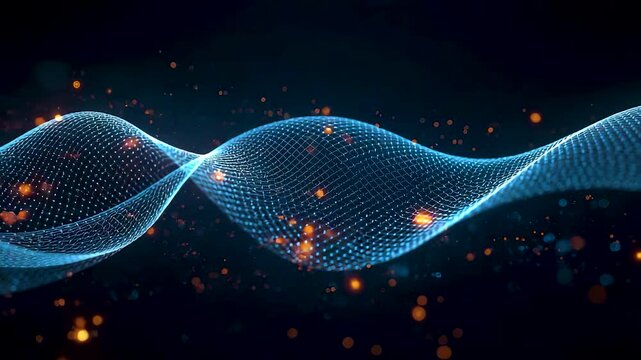 Smooth digital wave pattern flowing through dark space with glowing particles, soft blue mesh curves, and calm abstract motion depth
