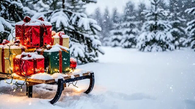 Colorful Christmas presents stacked on a wooden sled in a snowy forest, twinkling lights illuminate the festive scene, camera slowly zooms in