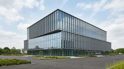 Fototapeta premium Modern Office Building Exterior With Clean Glass Facade and Minimal Corporate Architectural Design 