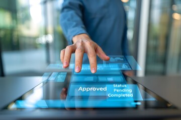 Digital Approval: A close-up shot of a hand interacting with a digital interface, with the word Approved highlighted, suggesting a successful process or decision.