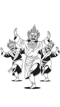 Ancient multiarmed deity procession depicted in a ceremonial dance.
