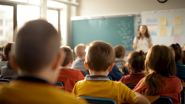 Elementary classroom lesson with attentive children seated at desks while teacher explains concepts at chalkboard in a bright learning environment