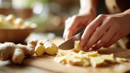 Woman hands cutting fresh ginger root with knife on wooden board. Culinary preparation process. Healthy food and spice concept. Useful product for health and immunity during cold, season illness.