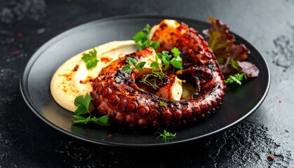 Grilled Octopus with Paprika Sauce. Spanish Fine Dining Set Up