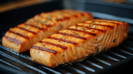 Two grilled tasty salmon fillets with spices cooking on a hot black grill pan for a delicious healthy meal. Cook fish outdoor concept. Barbecue bbq.