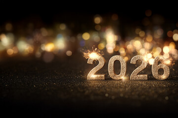 Chiffres dor&eacute;s 2026 sur surface scintillante avec &eacute;tincelles et bokeh lumineux sur fond noir avec espace n&eacute;gatif copyspace pour nouvel an et toute autre f&ecirc;te de l&rsquo;ann&eacute;e