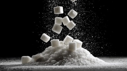 Cubes and granulated sugar falling onto a pile on black background. Concept of sweet food and unhealthy diet. Ingredient production for confectionery. Diabetes problem concept. Too much sweetness.