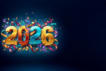 Chiffres 2026 paillet&eacute;s pos&eacute;s sur confettis avec serpentins multicolores sur fond sombre bokeh avec espace n&eacute;gatif copyspace pour nouvel an, carnaval et toute autre f&ecirc;te de l&rsquo;ann&eacute;e
