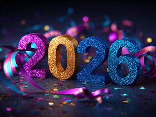 Chiffres paillet&eacute;s multicolores 2026 pos&eacute;s sur table avec confettis et serpentins color&eacute;s en gros plan, d&eacute;cor festif lumineux pour nouvel an, carnaval et toute autre f&ecirc;te de l&rsquo;ann&eacute;e