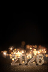 Chiffres dor&eacute;s 2026 sur surface scintillante avec &eacute;tincelles et bokeh lumineux sur fond noir avec espace n&eacute;gatif copyspace pour nouvel an et toute autre f&ecirc;te de l&rsquo;ann&eacute;e