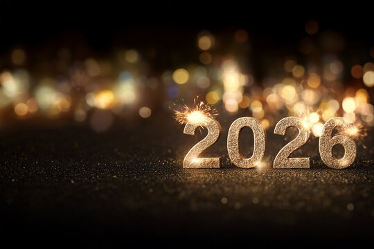 Chiffres dor&eacute;s 2026 sur surface scintillante avec &eacute;tincelles et bokeh lumineux sur fond noir avec espace n&eacute;gatif copyspace pour nouvel an et toute autre f&ecirc;te de l&rsquo;ann&eacute;e