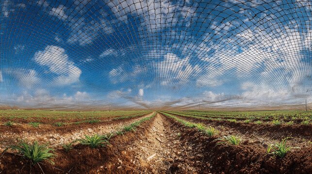 Vast cultivated field stretches under a protective canopy against a brilliant blue sky. Rows of crops thrive, ensuring the health and yield of the harvest. Protect the crop