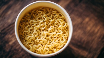 Top view of instant noodle soup cup. Quick cheap meal or hungry student food concept. Fast food dish for convenience.