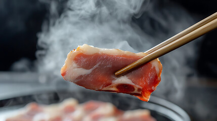 Close-up of steaming meat gripped by chopsticks against a dark background, highlighting its texture and freshness. Perfect for food blogs and culinary promotions.