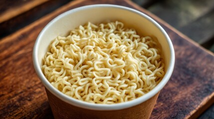 Top view of instant noodle soup cup. Quick cheap meal or hungry student food concept. Fast food dish for convenience.